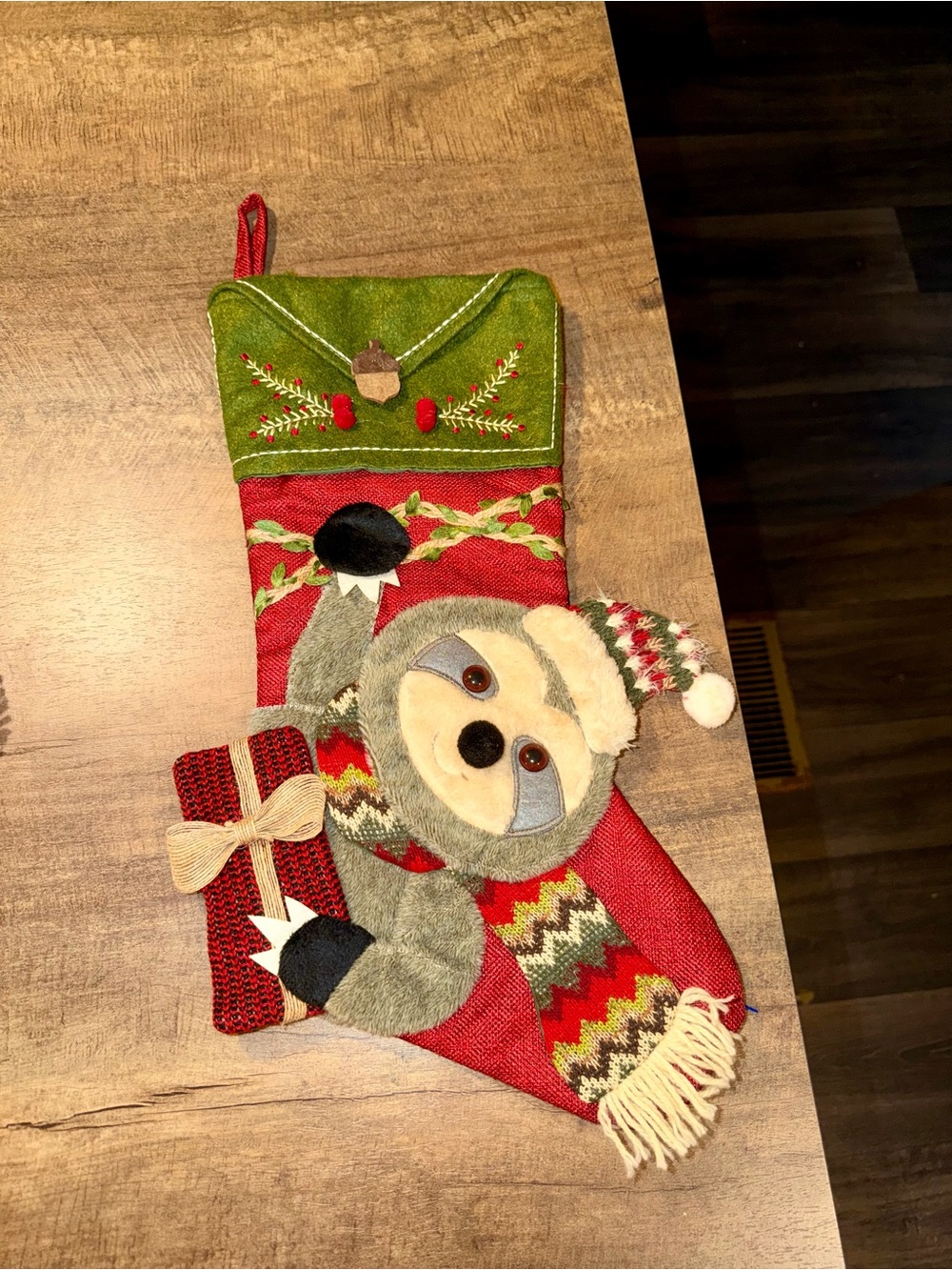 Festive Sloth Christmas Stocking in Green and Red